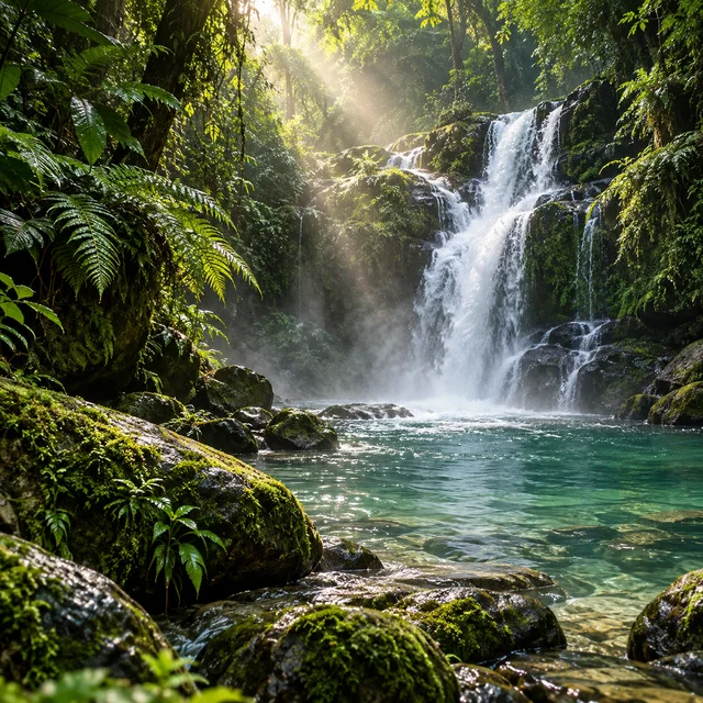 A quiet waterfall surrounded by lush tropical foliage